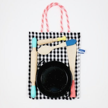 Wooden Kitchen Set with Gingham Bag