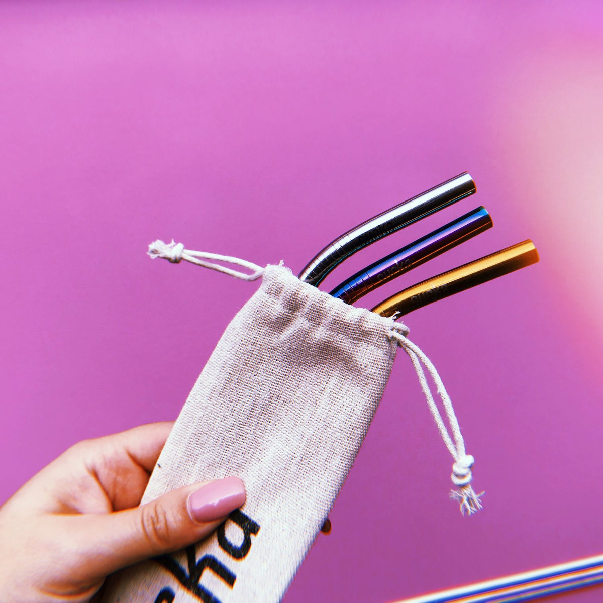 Set of Three Metallic Straws
